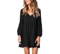 XFSRG Robe Femme Manches Longues Robes Chic et Elegant Col V Casual T-Shirt Mi Longue Décontracté Couleur Unie Dress au Genou Automne Hiver (Noir L)
