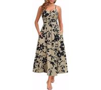 XFSRG Robe Femme sans Manches à Fleurs Boheme Longue Élégante Chic Décontractée Robes avec Poches pour Plage Soirée Party(Kaki/XL)