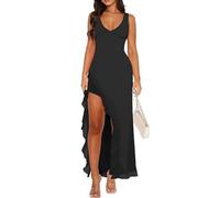 XFSRG Robe Femme Sexy Fendue Maxi Ourlet Volanté Col en V d'Été sans Manches Longue Chic et Élégante Robes pour Soirée Cocktail Party(Noir/XL)