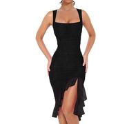 XFSRG Robe Femme Sexy Fendue sans Manches Col en Carrée d'Été à Ourlet Volanté Plissée Elégant Slim Bodycon Robes pour Soirée Cocktail Party(Noir/M)