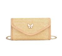XFSRG Sac à Main Femme en Paille Pochette Tissée d'Été avec Chaîne Petit Sac Bandoulière Bohème pour Soirée Plage Mariage Fête (Amande)