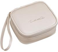 Xfsrg Sac Cosmétique De Voyage Multifonctionnel en Cuir PU Imperméable avec Fermeture Éclair Pochette De Maquillage Portable Organisateur De Beauté Élégant pour Femmes Beige(Bianco)