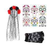 XFSRG Serre Tête de Halloween avec des Roses et Voile Deguisement Gothique avec 6 Tatouages Temporaires pour Visage et Gants de Dentelle Noires Accessoires pour Halloween (Noir)