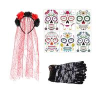 XFSRG Serre Tête de Halloween avec des Roses et Voile Deguisement Gothique avec 6 Tatouages Temporaires pour Visage et Gants de Dentelle Noires Accessoires pour Halloween (Rouge)