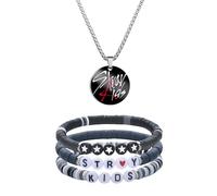 XFSRG Set Collier et Bracelet Fan Kpop Acier Inoxydable Pendentif Chaîne Set de 3 Bracelets en Argile Polymère Colorés Bijoux Unisexes pour Fans (Noir)
