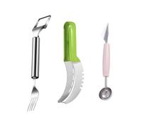 XFSRG Set de 3 Ustensiles Pastèque en Acier Inoxydable Trancheur Cuillère Boule Fourchette pour Découper Melon et Fruits Outil de Cuisine Pratique (Set 1)