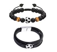 XFSRG Set de Bracelets de Fan de Football Bracelet de Motivation avec Charm Ballon de Football et Bracelet en Cuir Réglable à Fermoir Magnétique Bijou Sportif Tendance (Noir-2)