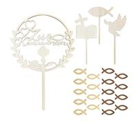 XFSRG Set Déco Gâteau Communion en Bois Cake Topper Rond 14x20 cm 3 Piques Colombe Bible Poisson 18 Petits Poissons Decoration Communion Deco Gâteau (A)