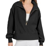 XFSRG Sweats à Capuche Zippé pour Femme Casual sans Capuche Sport Sweat-Shirt Col Rond Manches Longues Pullover Casual Zippé Top(Noir S)