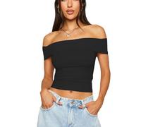 XFSRG Tee Shirt Femme Sexy Été Haut Épaules Dénudées Élégant Chic Y2K Casual Crop Top Basiques(Noir/S)