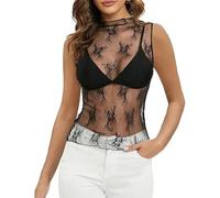 XFSRG Top Femme sans Manches Sexy Col Montant Transparent Y2K Shirt Serré en Maille Tulle pour Club Streetwear(Noir/L)
