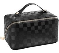 XFSRG Trousse Cosmétique Rectangulaire Motif Damier Poignée Pratique Fermeture Éclair Doré Rangement Maquillage Capacité Optimale