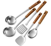 XFUYI Lot de 5 ustensiles de Cuisine en Acier Inoxydable avec spatules, louches, passoire et Manche en Bois