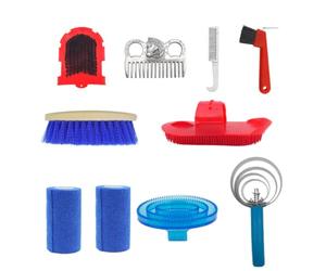 Xgdsnly Supplies Ensemble Entretien Cheval Kit Brosse Peigne Étrille Outils Sabots S Transparent Robustes Poignées Matériaux Métal Tissu Adapté aux Sorties Avant Concours et Entraînements