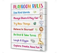 XGINERFEX Educational Playroom Wall-Art, Rules Canvas Print for, Share Take Turns Clean Up Inspirational Decor for Preschool and Classroom(Framed,12x18inch(30x45cm))
