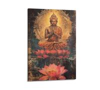 XGKJDS Poster artistique bouddhiste moderne de famille - Impression sur toile de lotus rouge avec aura vintage de Bouddha en méditation - 30 x 45 cm - Cadre