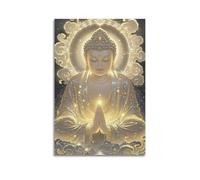 XGKJDS Poster de famille moderne - Impressions sur toile de Bouddha lumineux dans une aura dorée avec paillettes - Impressions sur toile style bouddhiste sans cadre 60 x 90 cm
