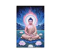 XGKJDS Poster mural moderne de famille - Impressions sur toile de Bouddha en méditation avec aura et lotus de flamme bleue, 50 x 75 cm, sans cadre