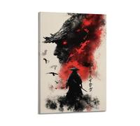 XGKJDS Toile murale abstraite minimaliste - Poster aquarelle samouraï avec éléments rouges dramatiques - Affiches d'œuvres d'art pour décoration de salle de bain (50 x 75 cm)