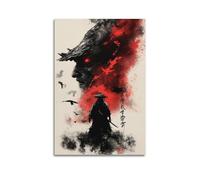 XGKJDS Toile murale abstraite minimaliste - Poster aquarelle samouraï avec éléments rouges dramatiques - Affiches d'œuvres d'art pour décoration de salle de bain (50 x 75 cm)