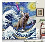 Xguatan Rideau de douche amusant avec motif de chat et de dinosaure, motif chats sympas qui chevauchent des dinosaures sur l'océan bleu sarcelle, animal sous-marin, poisson, coquillage, méduse côtière