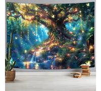 Xguatan Tapisserie murale fantastique arbre papillon fée magique jungle enchantée cascade champignon pour chambre à coucher salon 90x70 bleu