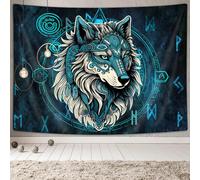 Xguatan Tapisserie Viking Loup, mythologie nordique, runes bleu ancien, méditation, animaux mystérieux, art antique pour chambre à coucher, salon, 152,4 x 101,6 cm