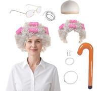 Xgvzs Lot de 13 costumes de vieille dame avec perruque, bâton de marche, bonnet de perruque pour grand-mère, lunettes, boucles d'oreilles, bracelet, collier pour Halloween et bal masqué