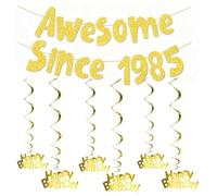 Xgvzs Lot de 8 bannières d'anniversaire à suspendre avec tourbillons Awesome Since 1985 - Bannières à paillettes - Kit de bannières à paillettes pour filles et garçons
