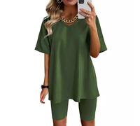 XGWDP Shorts Sets Women 2 Piece Outfits, 2024 Summer Oversized V Neck T-Shirts Tops and Biker Shorts Workout Sports Tracksuit (4,2XL)