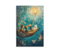 XHBKJA Charming Kids on A Whimsical Boat A Dreamy Fairy Tale Scene Poster sur toile murale minimaliste moderne à suspendre 40 x 60 cm