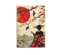 XHBKJA Poster sur toile de geisha japonaise avec cerisier en fleurs et corbeaux sous le soleil rouge - Art mural minimaliste moderne à suspendre - 30 x 45 cm