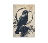 XHBKJA Poster sur toile mystérieux corbeau noir perché sur une pierre, avec un cercle semblable à l'encre derrière elle, art mural minimaliste moderne à suspendre 30 x 45 cm