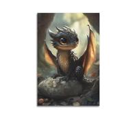 XHBKJA Poster sur toile représentant un bébé dragon avec de grands yeux, des écailles à picots et des ailes lumineuses perchées sur un rocher - Décoration murale moderne à suspendre - 30 x 45 cm