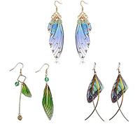 XHBTS 3 Paires de Boucles D'oreilles Aile de Cigale Pierres Bleues la Larme D'ailes Tempérament que fée Larme Papillon Aile Asymétrique Dégradé Femmes Boucles D'oreilles