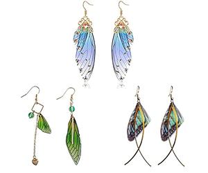 XHBTS 3 Paires de Boucles D'oreilles Aile de Cigale Pierres Bleues la Larme D'ailes Tempérament que fée Larme Papillon Aile Asymétrique Dégradé Femmes Boucles D'oreilles