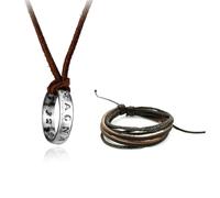 XHBTS Collier Pendentif Bague Gravée avec Chaîne en Cuir Marron et Bracelet Cuir, Métal, cuir