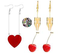 XHBTS Lot de 10 autocollants et 3 paires de boucles d'oreilles cerises mignonnes en 3D Cerise Pendantes d'oreilles et Anime Rohan Kishibe Cosplay Bijoux Coeur Rouge Boucles d'oreilles pendantes