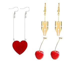 XHBTS Lot de 10 autocollants et 3 paires de boucles d'oreilles cerises mignonnes en 3D Cerise Pendantes d'oreilles et Anime Rohan Kishibe Cosplay Bijoux Coeur Rouge Boucles d'oreilles pendantes