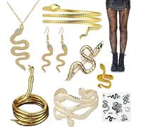 XHBTS Lot de 10 bijoux serpent - Bracelet, boucles d'oreilles, bague, pince à cheveux, collants en résille, tatouage, ras-de-cou, collier pour fête d'Halloween, Métal, Pas de gemme