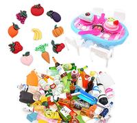 XHBTS Lot de 32 accessoires de cuisine miniatures pour maison de poupée comprenant 10 mini fruits et légumes, 10 mini bouteilles de vin, champagne et 12 mini chaises