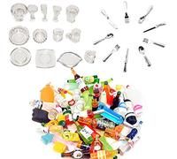 XHBTS Lot de 35 Accessoires de Cuisine Miniatures pour Maison de poupée Comprenant 12 Mini Assiettes de poupée, Couteau, Fourchette, cuillère, 10 Mini Bouteilles de vin, Champagne, 13 Mini Tasses