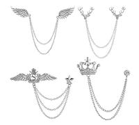 XHBTS Lot de 4 chaînes à double maillons en forme de tête de cerf avec strass en métal et plume, broche en forme de couronne avec chaîne de suspension