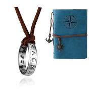 XHBTS Uncharted 4 Drake 20 autocollants et pendentif anneau gravé, chaîne en cuir marron et carnet de voyage, carnet d'écriture vintage en cuir PU, A7 (bleu), XHBTS-brown