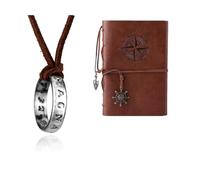 XHBTS Uncharted 4 Drake Collier avec pendentif en forme de bague gravée avec 20 autocollants et chaîne en cuir marron et carnet de voyage, carnet de notes vintage en cuir PU, A7 (marron)