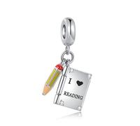 XHBYINFO Breloque « I Love Reading » en forme de livre et de crayon compatible avec les bracelets à breloques Pandora pour femme