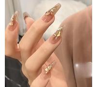 XHBYW 10 pièces coquille marron clair feuille d'or faux ongles presse sur ongles couverture complète faux ongles pour femmes et filles décoration quotidienne