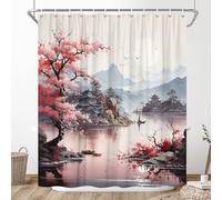 XHCEOH Rideau de douche motif fleurs de cerisier - Peinture à l'huile - Fleurs roses - Rustique - Printemps - Lacs - Style asiatique japonais chinois - Plantes - Tissu décoratif avec crochets - 198 x