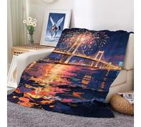 XHENTAI Flannel Blanket, Soft Cozy Decorative Oil Painting of The Bridge Fireworks Pattern Flannel Plush Bed Blanket 100x130cm
