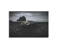 XHHOKA Poster Supercar 488 GTB édition noire avec accents jaunes, paysage côtier esthétique sombre, œuvre d'art décorative sur toile murale et art - 60 x 90 cm